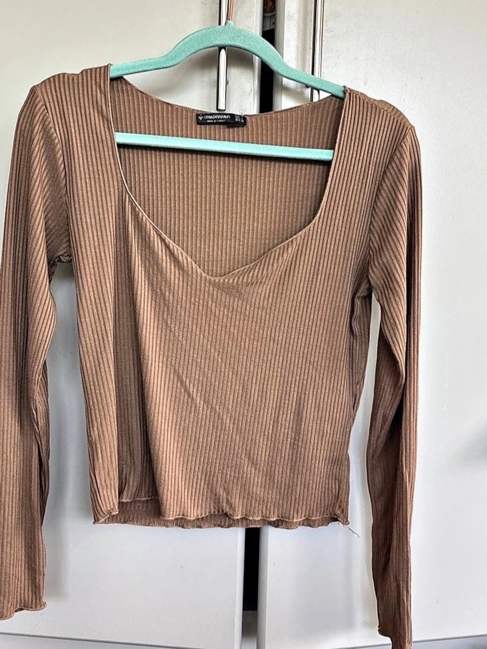 Stradivarius Ribbed Long Sleeve Top in Brown Size Small